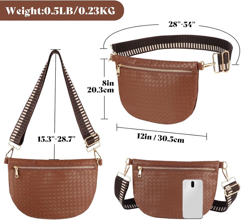 Dealkion Woven Crossbody Bags for Women Leather Belt Bum Sling Purse Fanny Waist Pack Chest Shoulder Bag for Women-Dark Brown - Image 4
